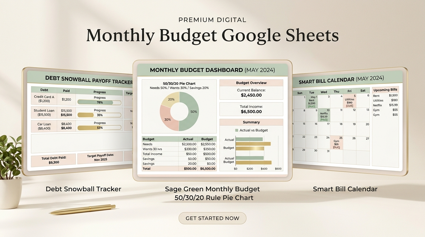 3D Floating Google Sheet Features: Debt Snowball, 50/30/20 Pie Chart, and Smart Bill Calendar