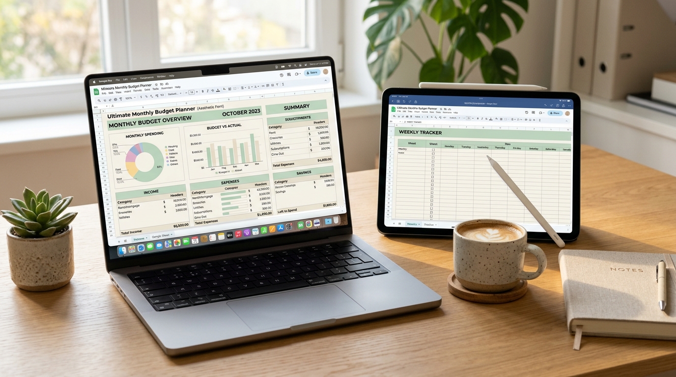 Ultimate Monthly Budget Planner Google Sheet Mockup on MacBook Pro and iPad